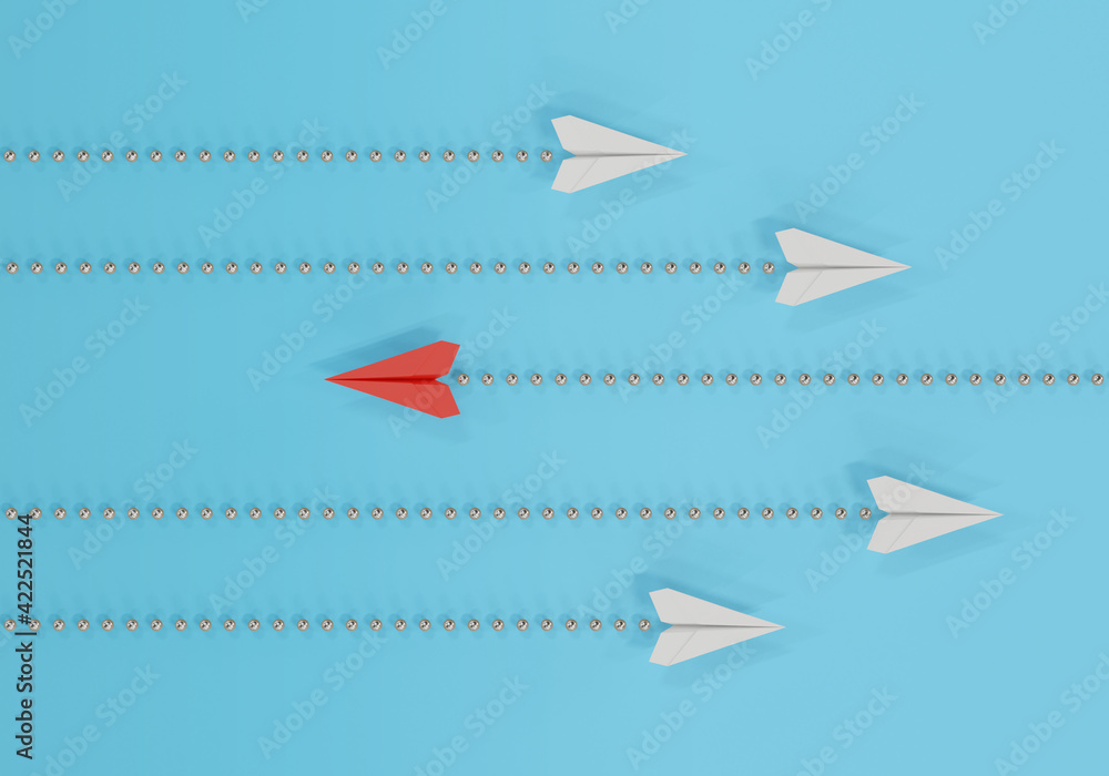 Paper plane in one direction and one red paper plane pointing in different way on blue background. business concept for new ideas creativity. paper art style, 3d illustration.