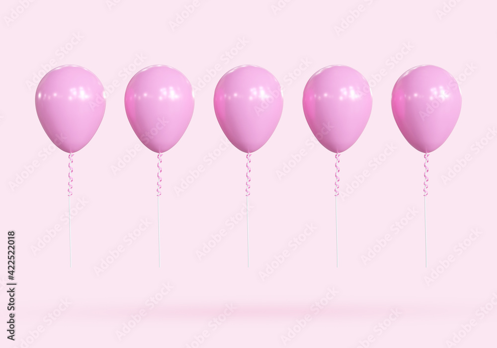 Five pink balloons on colorful background. minimal concept idea, 3d illustration.