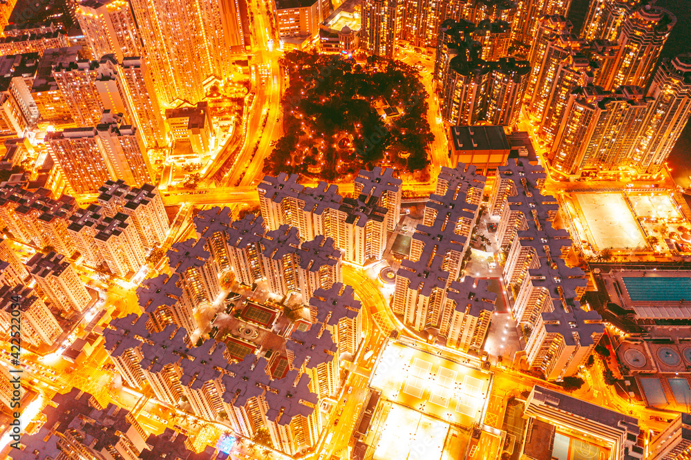 Stunning aerial view at night of golden like street in Hong Kong