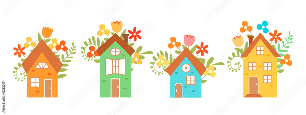 Set of cute vector houses isolated on white background. Hand-drawn houses surrounded by flowers. Vector illustration for design postcards. Set of cute vector houses isolated on white background. Hand-drawn houses surrounded by flowers. Vector illustration for design postcards.
