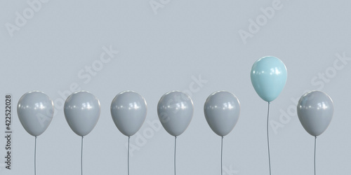 One blue balloon flying away from other balloons  3d illustration.