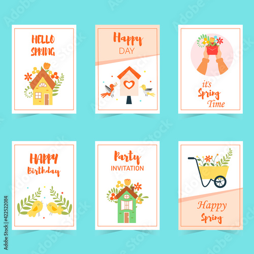 Set of cute spring greeting cards with houses, a letter, birds, a garden cart. Vector illustration.
