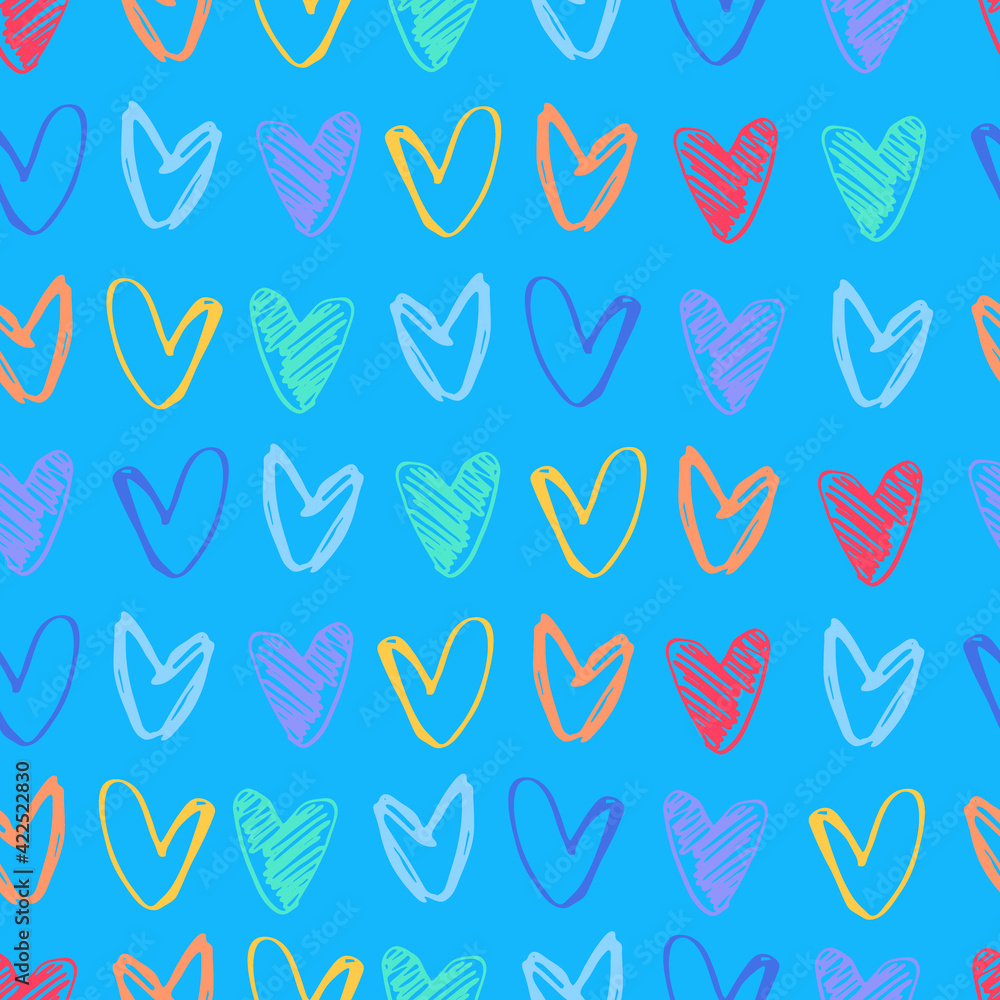 Seamless pattern with rows of hand drawn multicolored heart shapes on blue background. Love, Valentines Day concept Seamless pattern with rows of hand drawn multicolored heart shapes on blue background. Love, Valentines Day concept