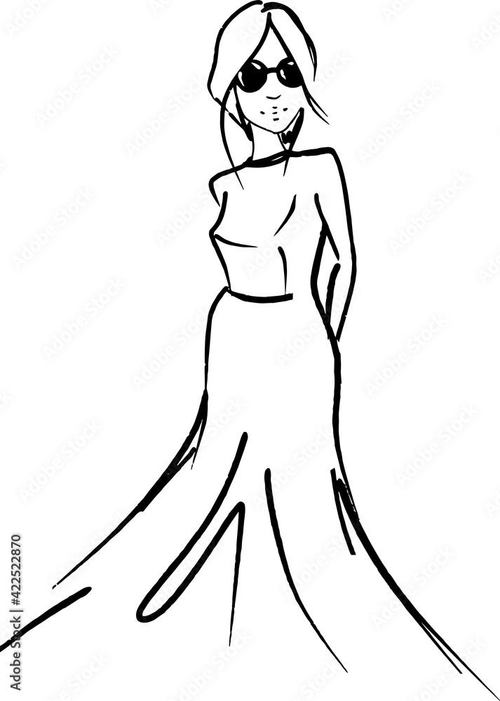 vector illustration of fashion lady in dress and sunglasses standing isolated. sketch
