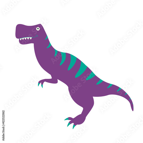 Cartoon tyrannosaurus on a white background. Cute dino purple turquoise color stands sideways. The illustration can be used for children's room design, stickers, colorings, textile prints, postcards