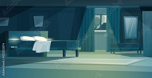 Night bedroom modern interior with furniture vector cartoon illustration. Double bed with cupboards, window with curtain, dresser, carpet, mirror. Cute cozy background.