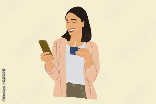 Woman in jacket drinks coffee and using phone before working day in the morning. Vector illustration. Lifestyle concept.