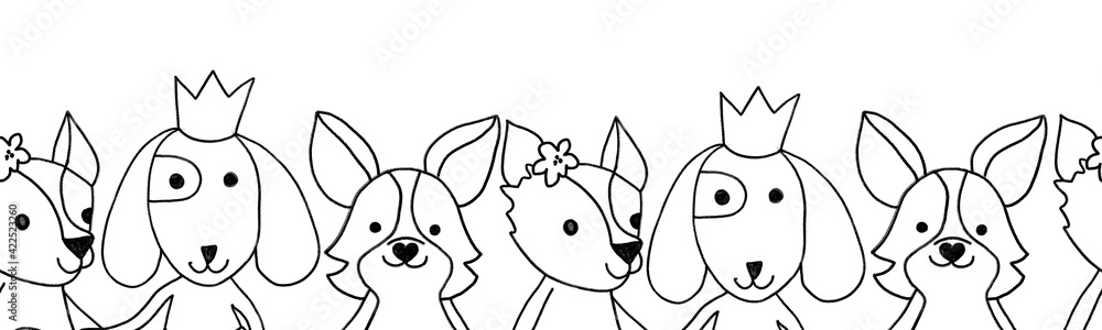 Obraz premium Cute animal kids seamless coloring border illustration black white. Children line art design dogs with crown flowers. Outline doodle dogs. For card, invite, coloring shirt, invitation, birthday party.