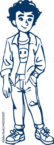 Clipart black outline child schoolboy boy. Vector illustration in cartoon style.