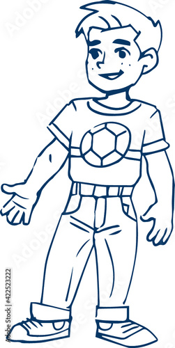 Clipart black outline child schoolboy athlete soccer player. Vector illustration in cartoon style. Coloring