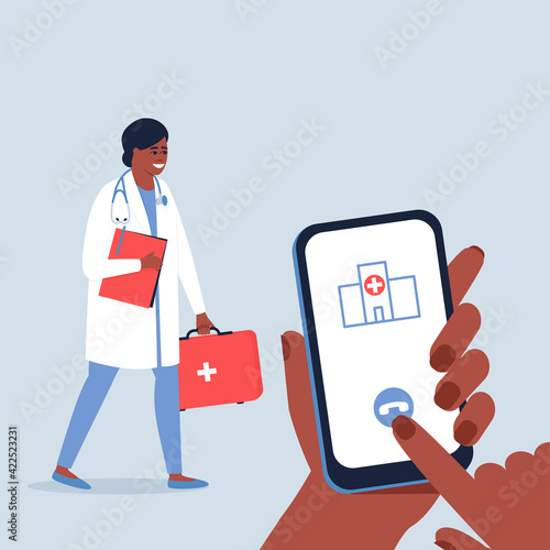 Home visit of an African American doctor. The concept of consultation and treatment of patients at home. House call for a doctor. Flat vector illustration.