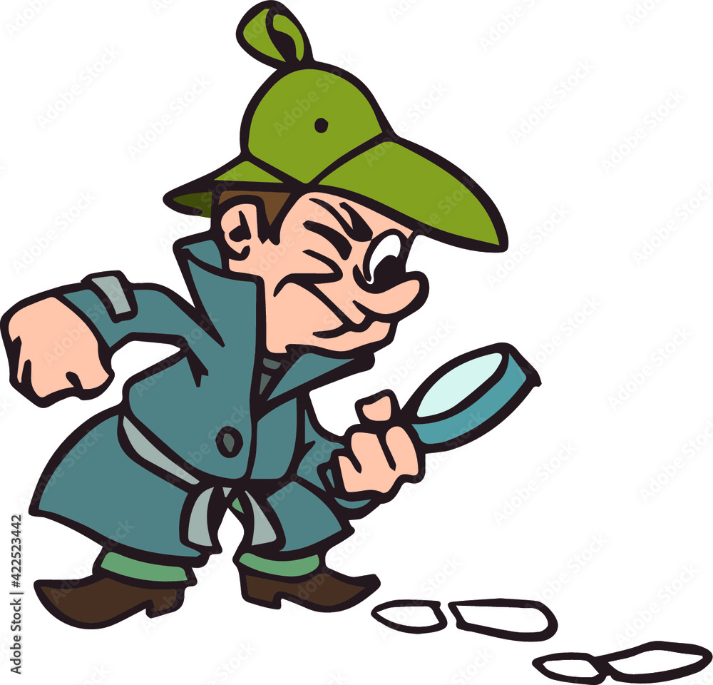 Detective is investigating a crime. Spy with magnifying glass and traces. Vector illustration in cartoon style.