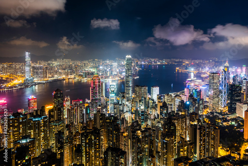 Photography panoramic night view of Hong Kong from the Victoria peak in Hong Kong