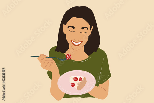 Pretty woman in green t-shirt enjoys cheesecake, eating sweet food with raspberry. Vector illustration.