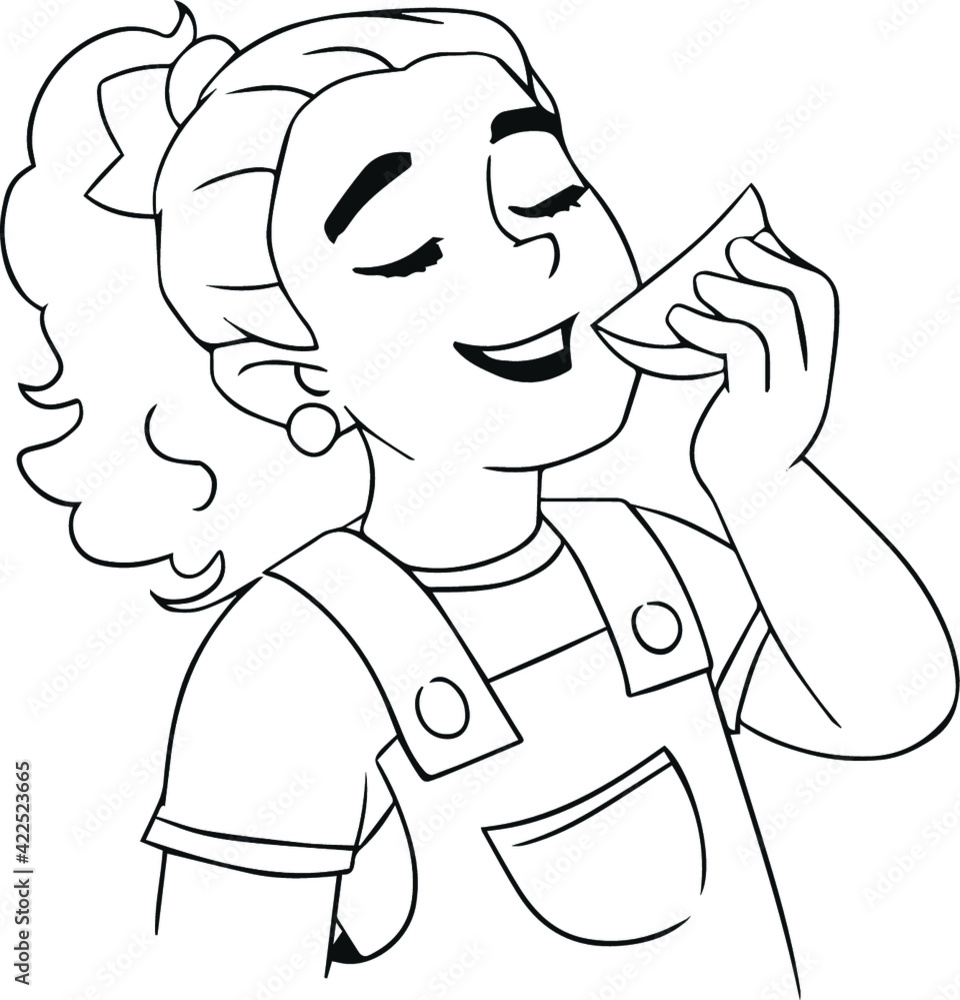 Obraz premium Little girl eats fruit. Coloring children. Vector black and white.