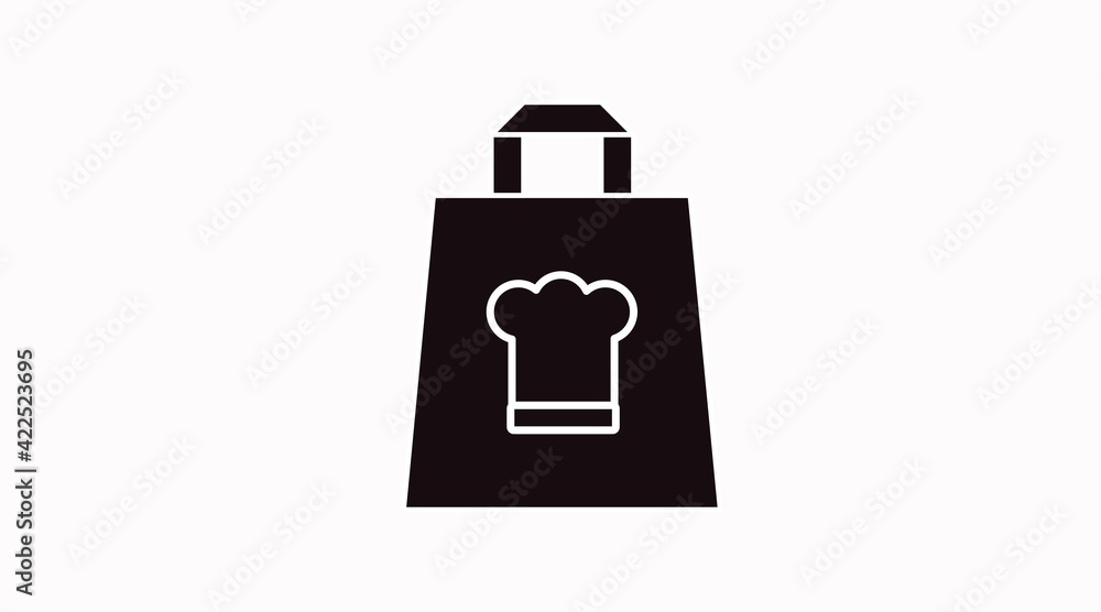 Vector Isolated Black and White Take Away Bag with a chef hat Icon or Sign Vector Isolated Black and White Take Away Bag with a chef hat Icon or Sign