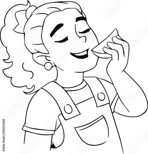 Little girl eats fruit. Coloring children. Vector black and white.