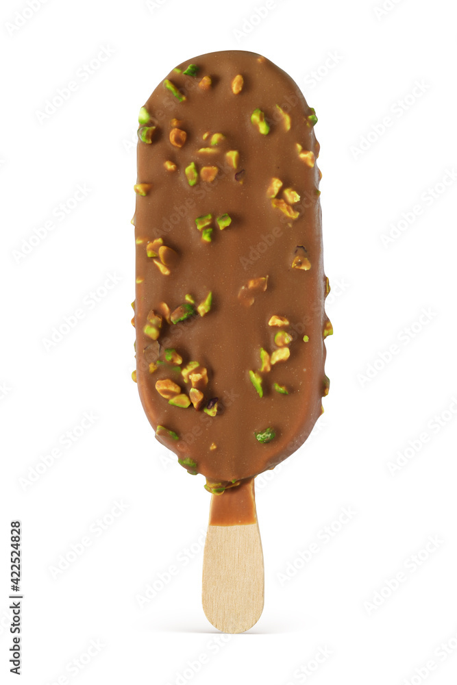 Ice cream bar with chocolate and pistachio nuts isolated.
