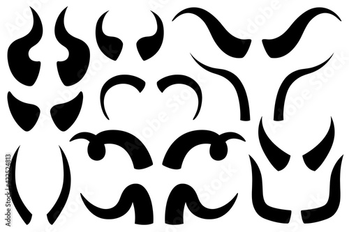 Set of different animal horns isolated on white