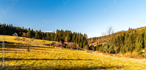 autumn rolling landscape with meadow, few isolated houses, forest and clear sky - Vysni Mohelnice bellow Lysa hora hill photo