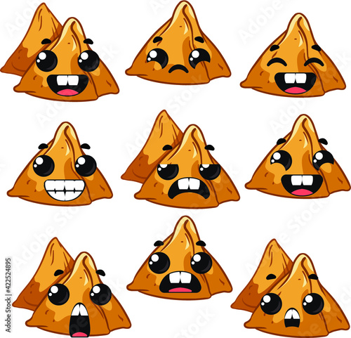 Set samosas with emotions. Vector illustration in cartoon style.