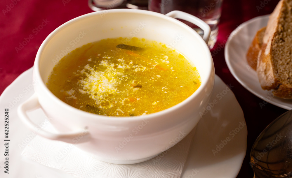 Soviet soup with pickles and barley. Leningrad rassolnik Soviet soup with pickles and barley. Leningrad rassolnik