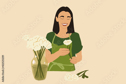 Cheerful woman make a bouquet of white tulips in green apron. Vector illustration in flat style. Spring mood concept. Florist in working process.