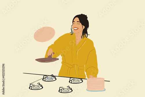 Pretty woman in a yellow bathrobe throws up pancake on a frying pan on gas stove. Cooking a sweet breakfast in the morning. Vector illustration.
