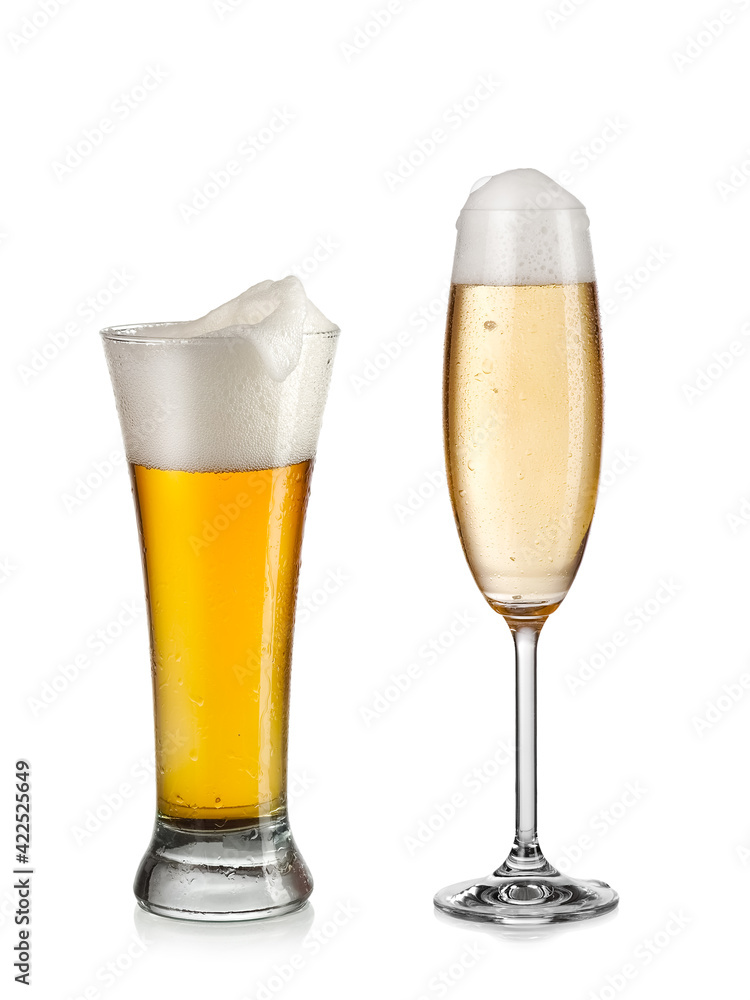 Full champagne and beer glasses with foam