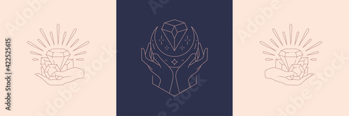 Magic diamonds and woman hands with moon crescent in boho linear style vector illustrations set.