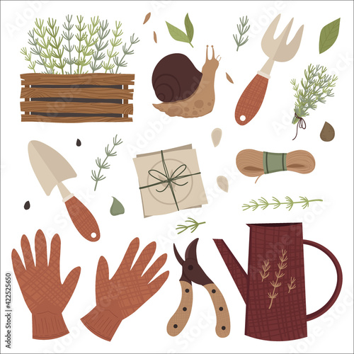 Garden tool set. Gardening tools and supplies.