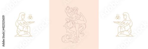 Magic ancient priestess and female aquarius in boho linear style vector illustrations set.