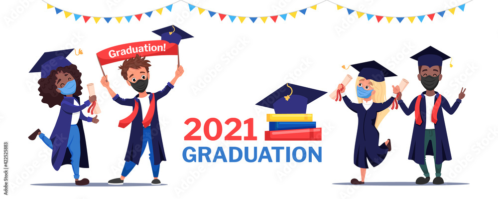 Group of happy graduates in medical masks with diplomas in hands celebrating 2021 graduation during coronavirus lockdown with a sign isolated on white background. Cartoon vector illustration. Group of happy graduates in medical masks with diplomas in hands celebrating 2021 graduation during coronavirus lockdown with a sign isolated on white background. Cartoon vector illustration.