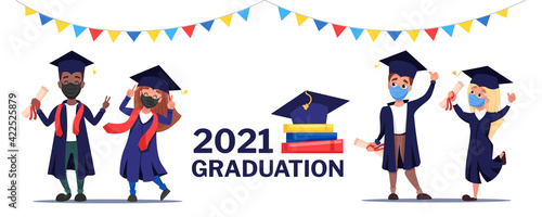 Virtual graduation ceremony 2021 banner. Online video call conference with all graduates in mortarboards and gowns with confetti around the phones. Pandemic coronavirus covid-19. Vector illustration