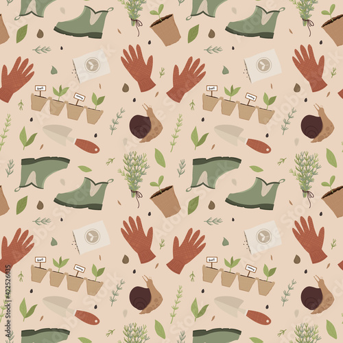 Garden seamless pattern. Gardening tools and supplies.