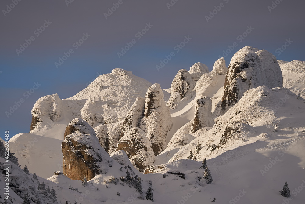Panoramic view of Mount Ciucas peak in winter, part of Romanian Carpathian Range