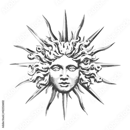 Vector engraving with a human head and sun rays in the antique style