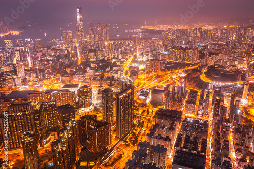 Stunning aerial view of the very crowded Hong Kong island streets © YiuCheung