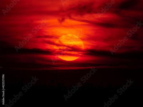 evening sunset sky with sun and clouds in red tones © bereta