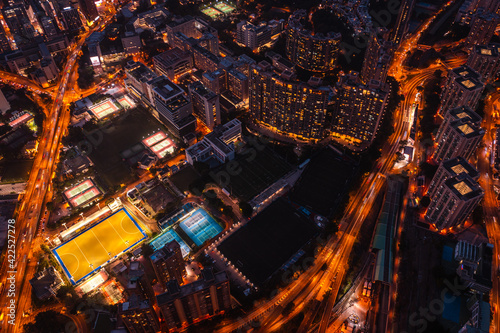 Stunning aerial view of the very crowded Hong Kong island streets