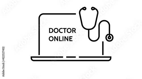 online medical consultation Doctor laptop pictogram, icon. Vector line healthcare concept illustrataon