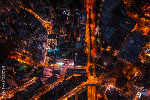 Stunning aerial view of the very crowded Hong Kong island streets