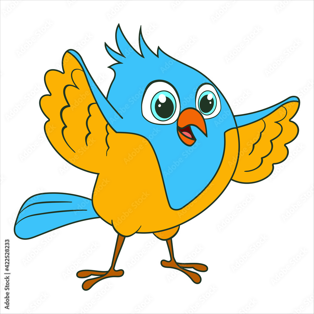 Bird is gesturing. Cartoon character parrot isolated on white background. Template of cute bird. Education card for kids learning animals. Suitable for decoration and design. Vector in cartoon style.