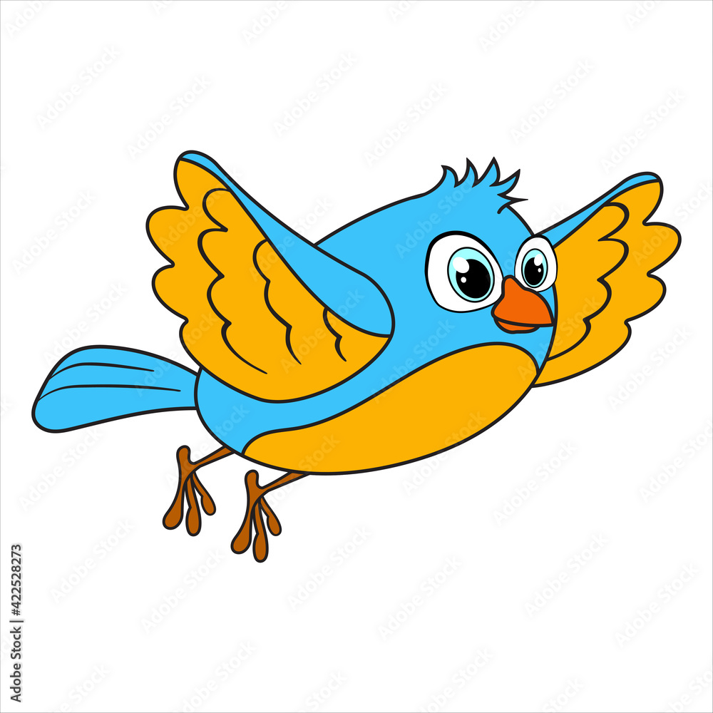 Bird is flying. Cartoon character Parrot isolated on white background. Template of cute bird. Education card for kids learning animals. Suitable for decoration and design. Vector in cartoon style.