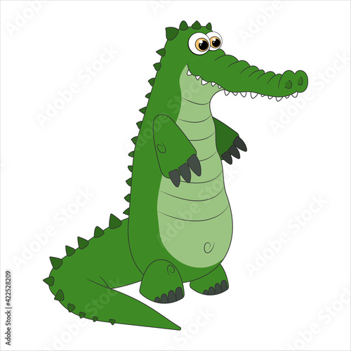 Alligator. Cartoon character Crocodile isolated on white background. Template of cute wild animal. Education card for kids learning animals. Suitable for decoration and design. Vector in cartoon style