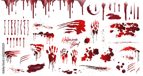 Blood collection, Happy Halloween decoration, Vector bloody horror drop, drip, splatter, creepy splash, spot. Realistic blood on transparent background, isolated. © Gluiki