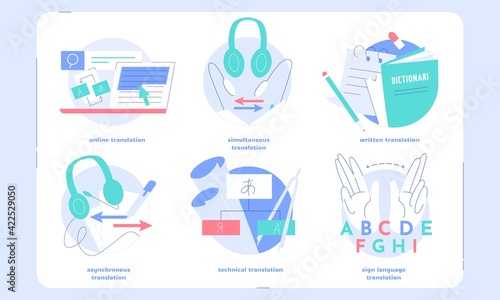 Translation vector icon set including online, simultaneous, written, asynchronous, technical, sign language types of translation. Translation services website graphic elements