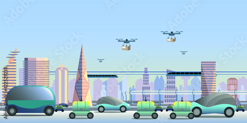 Autonomous Delivery Vehicles. , Drones for light, quick deliveries,  robots for last-mile,  driverless car, monorail. 5G technology and renewable electricity for a future clean city.