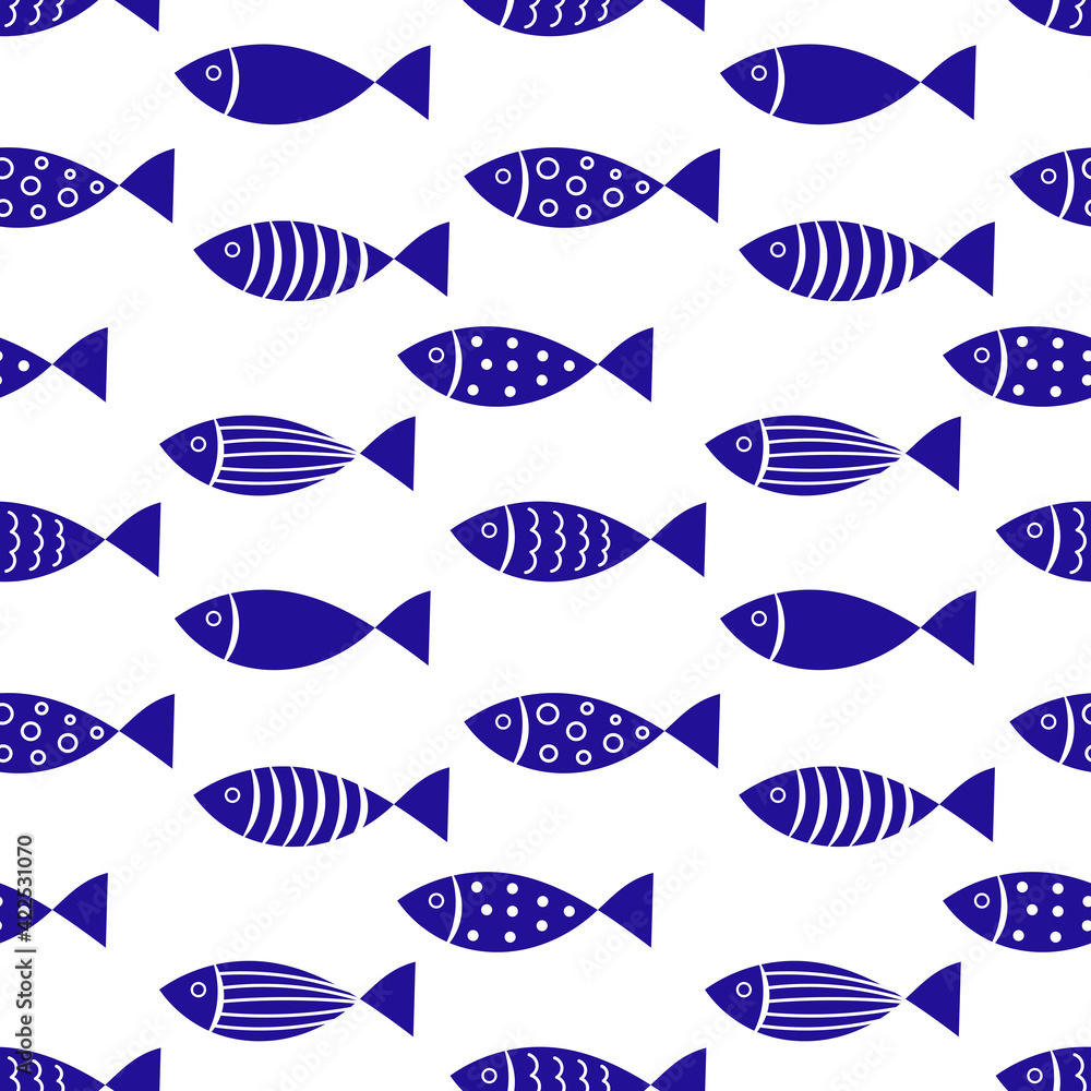 Blue fish colony seamless pattern. Vector illustration.