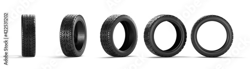 Five car tires on a white background. 3D rendering illustration. photo